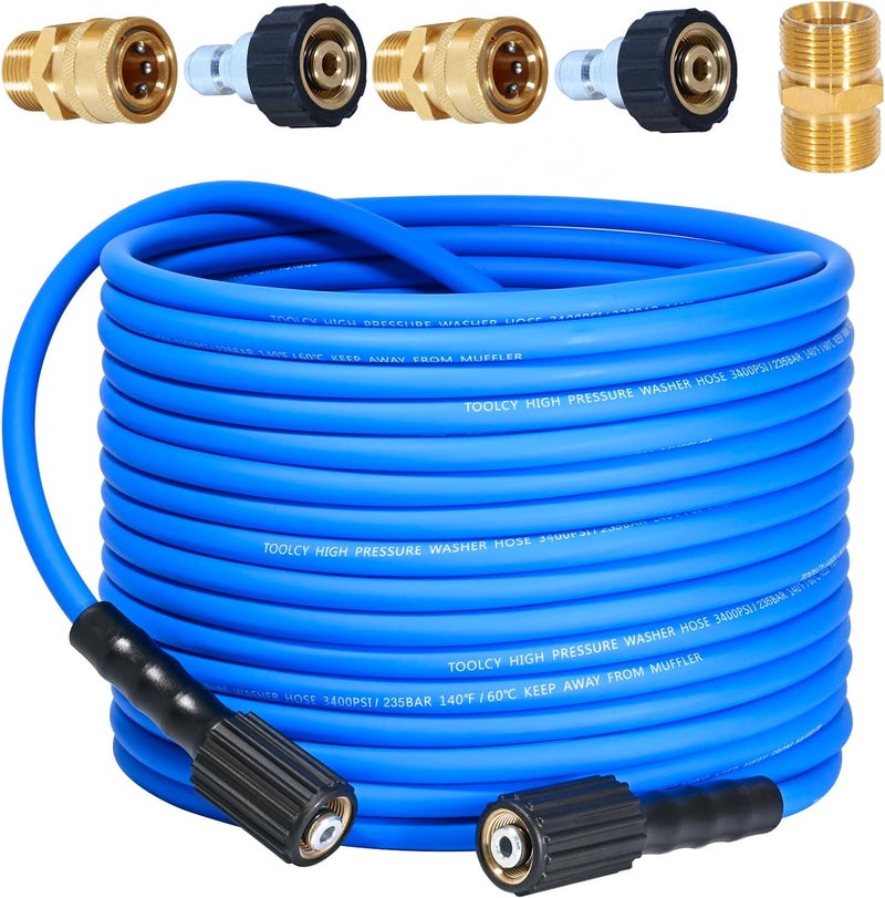 TOOLCY Super Flexible Pressure Washer Hose 50ft, 3400 PSI Kink Resistant Power Washer Hose 1/4 in., Replacement Power Wash Hose with M22 and 3/8" Quick Connection Kit for Gas & Electric - Image 1